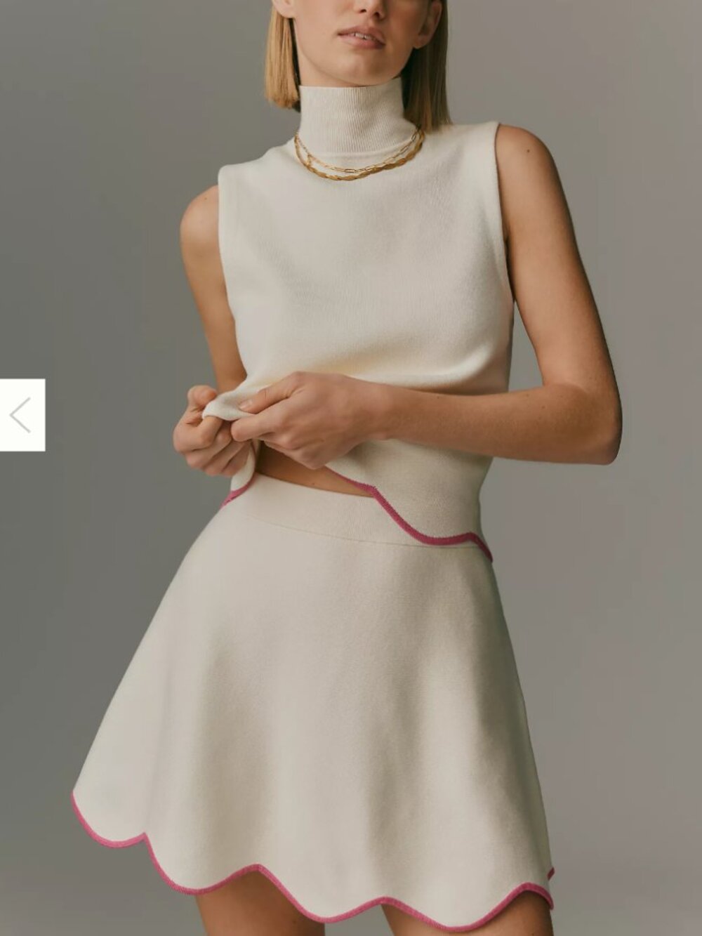 Maeve Scalloped-Hem Sweater Mini Skirt - Ivory with Pink Trim Knit Skirt